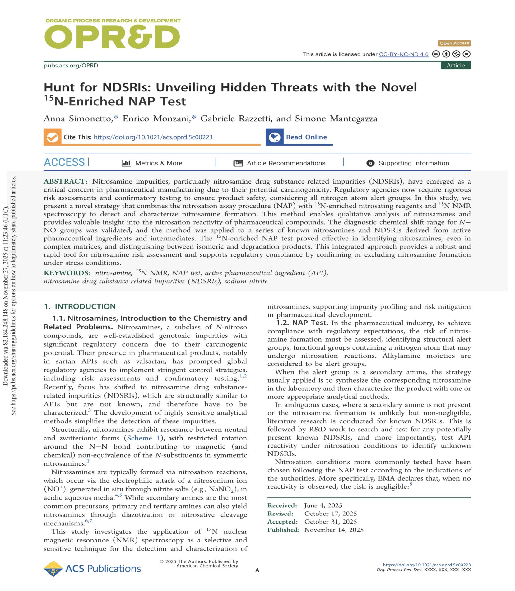 Dipharma publishes a peer-reviewed study in OPR&D: a novel approach to detect and characterize nitrosamine formation in APIs